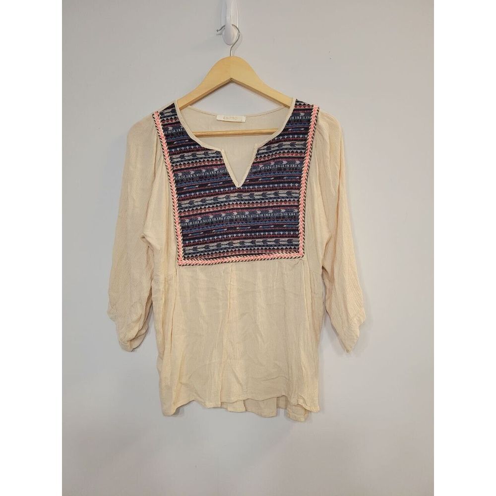 Entro Boho 3/4th Embroided Geometric‎ Top Women's Large